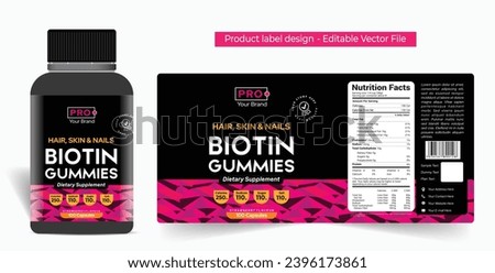 Biotin gummies strawberry flavor supplement pink black label design healthy protein multivitamin label packaging design for food candy sticker, high quality print ready editable vector file