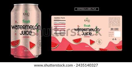 Watermelon juice drink label design, soft drink label design. Soda can label vector. Energy drink label design. Watermelon fruit juice template design 3d illustration editable vector print ready file.