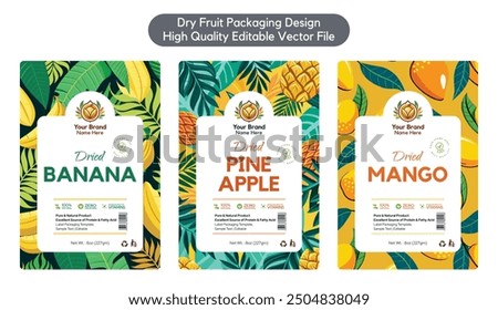 Dry fruit label design, Dried Banana label Pineapple Dried Mango label design sticker design for packaging standup pouch editable print ready vector template file illustration download