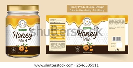 Honey label design, Honey jar product packaging design with honeycomb and bee background, dripping honey label print ready vector file template illustration