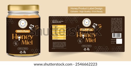 Honey label design premium quality, Honey jar product packaging design with honey comb and bee background, dripping honey label print ready vector file template illustration