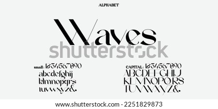 Waves Abstract Quality font alphabet. Minimal modern urban fonts for logo, brand etc. Typography typeface with small and capital  alphabet and number. vector illustration