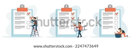 Work planning and time management concept with people. People check off completed items on to do list. Cartoon characters making notes. Vector illustration