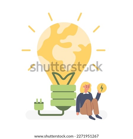 Giant light bulb symbol of globe and clean energy. Girl near of shining earth, implying responsible energy consumption. Environment protection. Color vector graphic, flat art, cartoon illustration