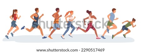 Set of different cartoon characters of young people running. Doing cardio exercises together. Active and healthy lifestyle. Time to lose weight. Vector