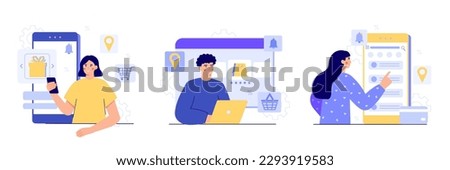 Customers buying goods over Internet. Girl and man making online orders via smartphone and laptop. Female shopper using touchscreen kiosk in shopping mall. Set of flat vector illustrations