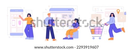 Online and offline shopping. Young woman buying items with electronic device. Girl with laptop ordering goods with delivery. Female purchasing wares in store. Set of flat vector illustrations