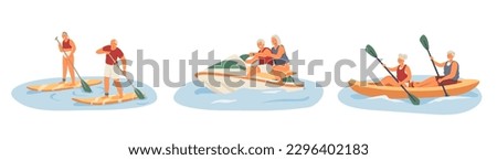 Active senior adults. Two elderly couples engaged in rowing and canoeing. Cheerful old man and female companion riding on water scooter. Set of flat vector illustrations