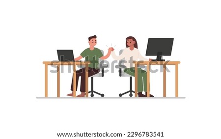 Young productive man and lady sitting at table, working on computer and shaking hands. Concept of different workers in common space. Successful teamwork in office. Vector illustration in flat design