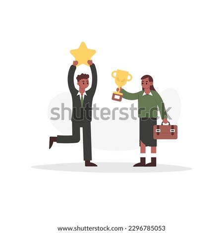 Business vector flat illustration of man successfully achieving goal at work. Young worker in office clothes holding star symbol, woman standing near, holding briefcase and giving him award cup
