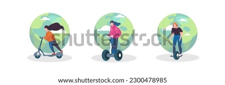 Two wheeled and single wheeled eco transport. Cartoon girls riding scooters and unicycle against backdrop of planet. Vector flat illustrations set on white background