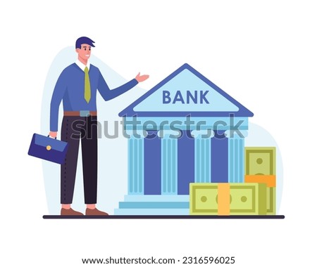 Monetary investment. Entrepreneur standing near banking institution. Cheerful young businessman with briefcase in hand pointing at bank building. Flat vector illustration