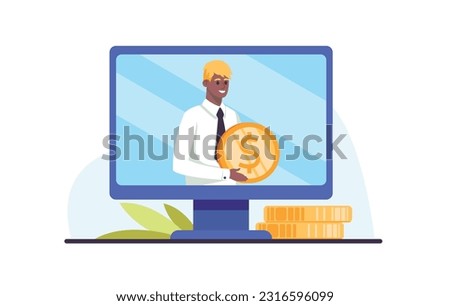 Webinar on money investment. Pleased young businessman with gold dollar coin in hands displayed on desktop monitor during video conferencing. Flat vector illustration