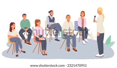 Active female holding microphone and talking to group of young people. Conference for different workers. Project presentation, collective meeting. Vector flat illustration in cartoon style