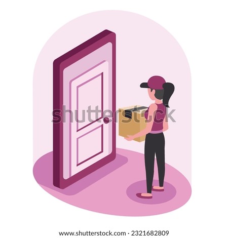 Postwoman delivering package to customer home. Female courier with heavy cardboard box in hands standing at door to client house. Flat vector illustration