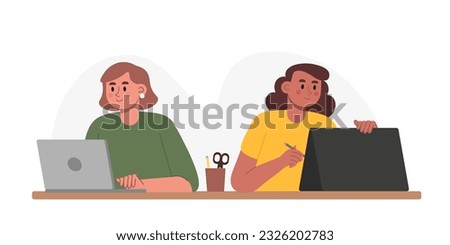 Young woman sitting at table and working on laptop, lady sitting near and draws on tablet. Coworking open space area. Teamwork communication and digital technologies. Colorful vector flat illustration