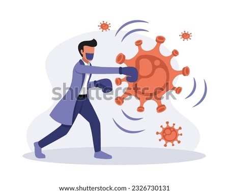 Male in boxing gloves beats off emblem of virus. Protection from pandemic outbreak. Concept of antiviral vaccination. Boosting immune system health. Vector flat illustration
