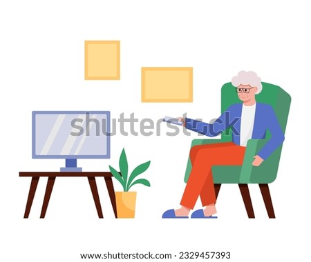 Old male sitting in armchair, holding remote control and switching channels on TV. Senior man spending time and resting at home. Happy old age concept. Colorful vector flat illustration
