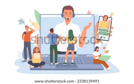 Different clients talking and asking virtual consultant for help. Customer service with virtual consultant. Client support department. Flat vector illustration in cartoon style in blue colors