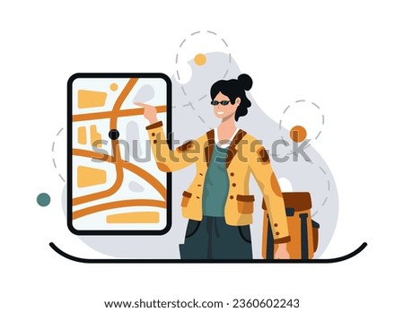 Female looking at map on smartphone. Tourist searching for right route, using modern gadget. Flat vector illustration in yellow colors in cartoon style