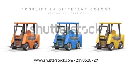 Realistic forklift. Equipment for transporting cargo on pallets. Machine for large warehouse. Specialized equipment. Set of vector vehicles of different colors