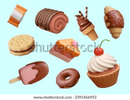 Large collection of realistic sweets and desserts in cartoon style. Soft ice cream, croissant, Swiss roll, cupcake, popsicle, candy, donut, cookie sandwich, piece of cake