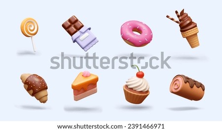 Collection of 3D sweets in cartoon style. Striped spiral lollipop, chocolate bar, donut with pink glaze, ice cream in waffle cone. Croissant with topping, piece of cake, cupcake, Swiss roll