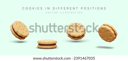 Round biscuit sandwich with layer of chocolate. Traditional sweet pastry, dessert with filling. Set of isolated objects in different positions. Vector color templates for web design