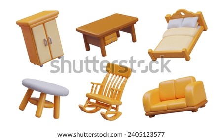 Collection with different new furniture for online games or web store. Closet with doors, wooden big and small table, rocking chair and sofa. Vector illustration in 3d style