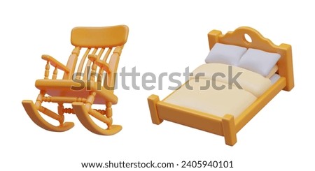 Orange realistic rocking chair and comfortable bed for sleeping. Collection for bedroom in yellow colors. Vector illustration in 3d style with white background