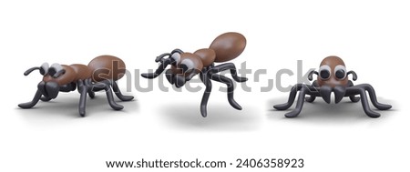 Realistic ant in brown colors in different positions. Bug cartoon characters standing on white background. Ant worker concept. Vector illustration in 3d style with shadow