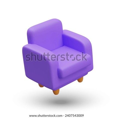 Side view on realistic home and office armchair. Modern soft armchair in purple color. Vector illustration in 3d style on white background with shadow
