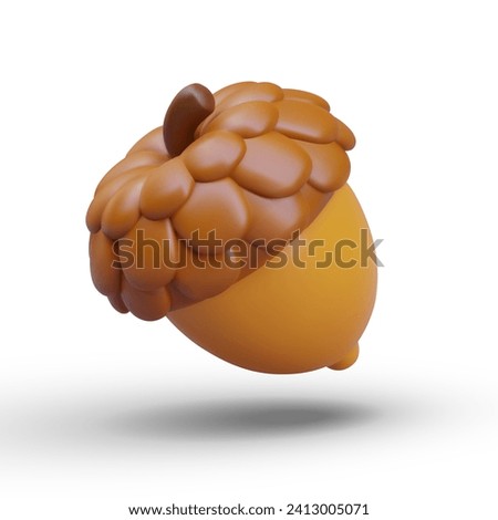Isolated colored 3D acorn tilted left. Oak nut with relief cap. Floating vector object, side view. Autumn forest harvest. Ripe oaknut. Cute web illustration