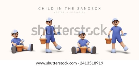 Cartoon character in sandbox sitting and playing in different positions. Young happy man with bucket and spatula ready to play outside. Vector illustration in 3d style with shadow
