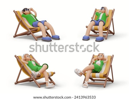 Set of vector vacationers in cartoon style. Realistic characters, view from different sides. Man and woman lie in beach lounger chairs. Isolated illustrations