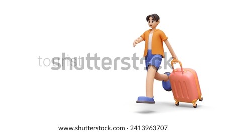Tourist vector concept. 3D male character in hurry, rolling suitcase behind him. Go ahead and rest. Advertising template for last minute tours. Summer vacation