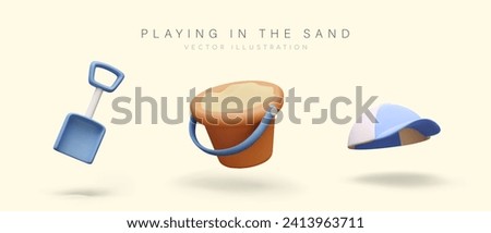 Set of accessories for sand games. Realistic cap, shovel, bucket. Children toys for playing outside. Illustrations for beach accessories stores. Summer concept