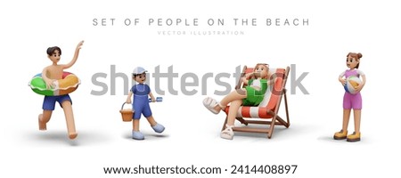 People on beach. Set of realistic figures of vacationers. Boy with inflatable circle, kid with sand shovel, girl with striped ball, woman sitting in deck chair