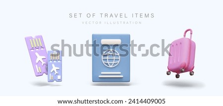 Set of thematic items, icons for travel. Realistic plane tickets, international passport, pink plastic suitcase. Modern tourist accessories. Color illustrations for travel agency, website