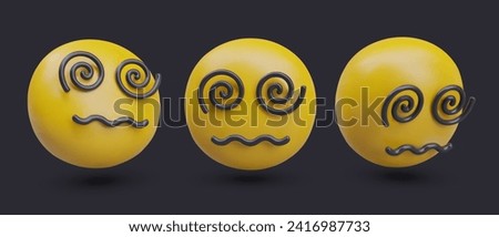 Dizzy face emoticons set. Yellow 3D heads with spirals eyes and twisted mouth. Stunned character, different angle view. Vector templates for dynamic design