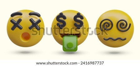 Deadly surprise, mouth full of money, dizziness. Set of yellow 3D emoticons for web design. Popular reactions, funny illustrations for online communication