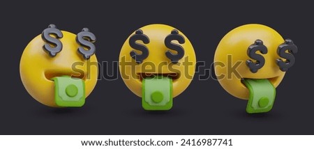 Money surprised faces in different positions. Emoticon money-mouth face with dollar eyes. Love of finance concept. Vector illustration in 3d style with black background