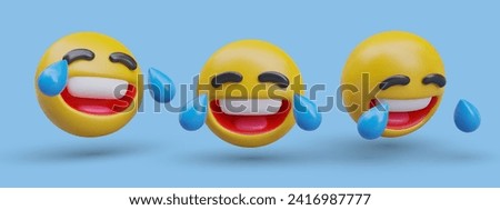 Face with tears of joy. Set of laughing emoticons with wide open mouth and closed eyes. Very funny, LOL. 3D heads in cartoon style, view from different sides