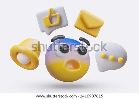 3D emoticon with blue forehead, signs of comment, messenger, letter, bell, like. Confused user. Screaming in fear. Multitasking, large number of messages. Vector color poster