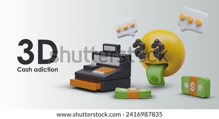 Placard with cash machine, banknotes, and yellow emoticon money surprised face. Money-mouth face with dollar eyes. Concept of love money, cash addiction. Vector illustration in 3d style