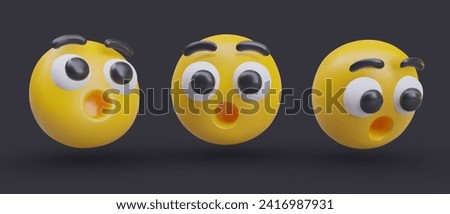 Scared, shocked emoticon with mouth wide open. Alarmed, shocked character. Surprise, OMG. Set of 3D heads on black background. Modern signs and symbols for online communication