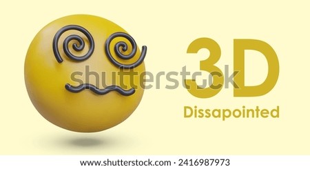 Disappointed yellow emoticon close up. 3D head with spirals instead of eyes and twisted mouth. Dizziness, uncertainty, hypnosis. Difficult choice. Dizzy face