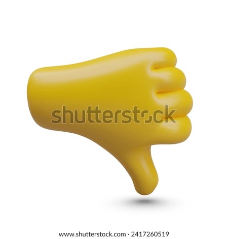 3D yellow hand, thumb down. Sign language. Symbol of dislike, hatred. Bad choice. Negative reaction of users and buyers, hate. Isolated vector illustration