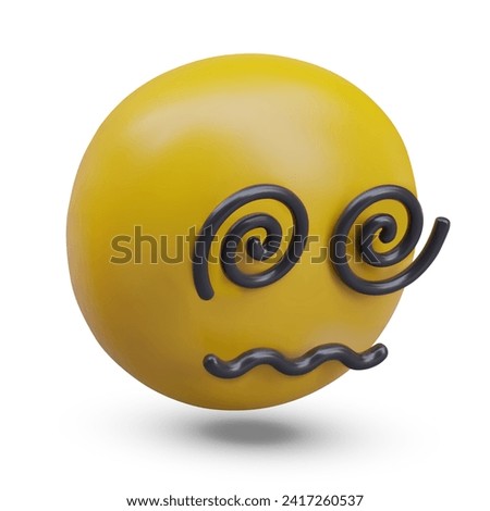 Dizzy face. Confused 3D emoticon with uncertain feelings. Yellow round head with spirals instead of eyes. Comic vector character full of emotions. Silly mood