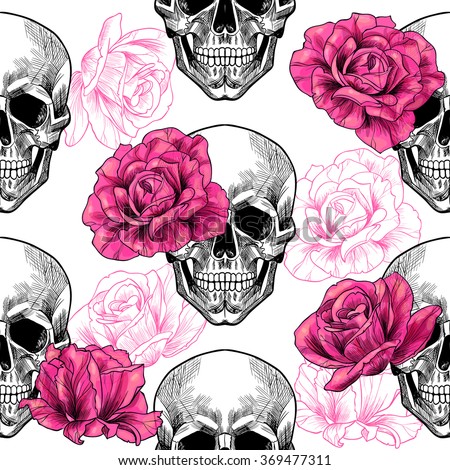 Skull And Roses .Vector Seamless Pattern - 369477311 : Shutterstock